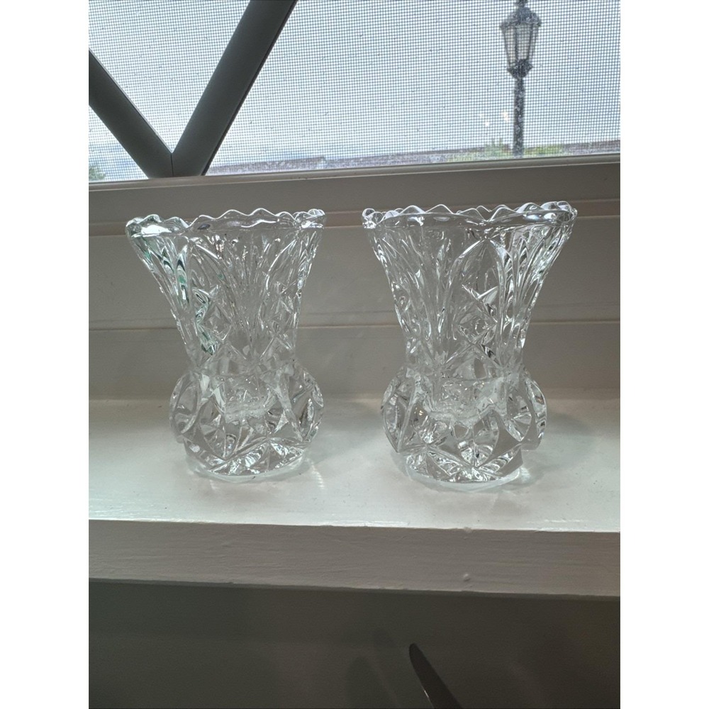 Pair of Crystal Cut Art Glass Small Bud Vase 3.75" Toothpick Match holder